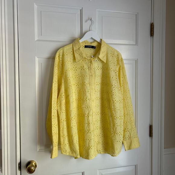 NWT Lauren Ralph Lauren Eyelet Long Sleeve Shirt Button Down Collared Yellow - Picture 4 of 8